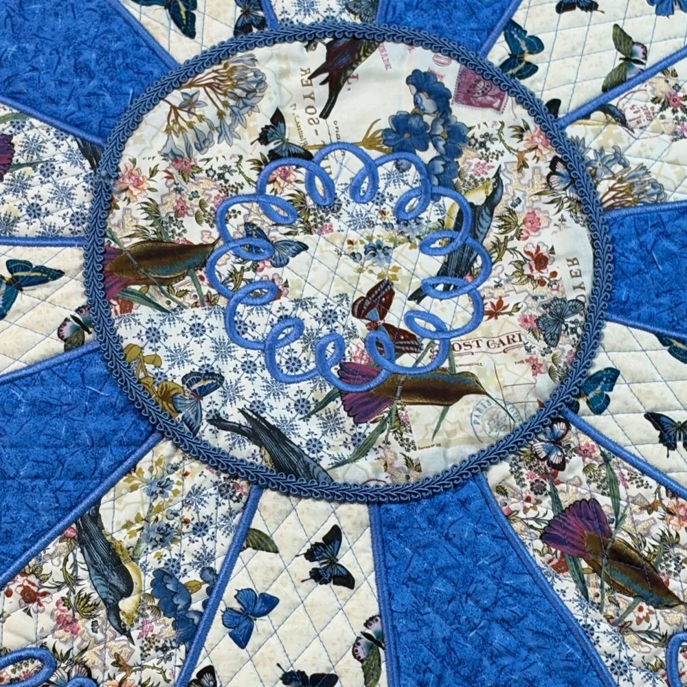 Handmade Reversible Quilted Round Table Topper Birds Butterflies Floral 25
